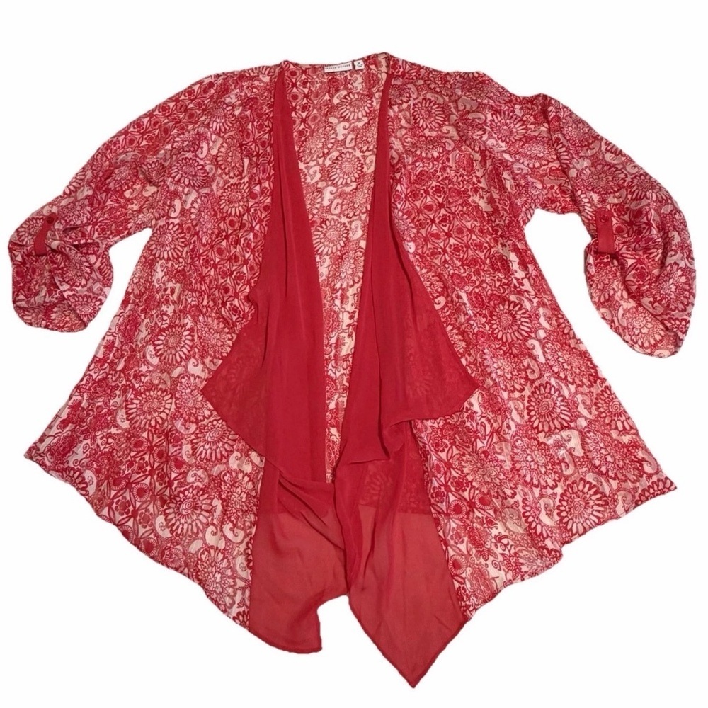 Susan Graver Kimono Blouse Womens 3X Red Floral Sheer Open Front Boho Resort